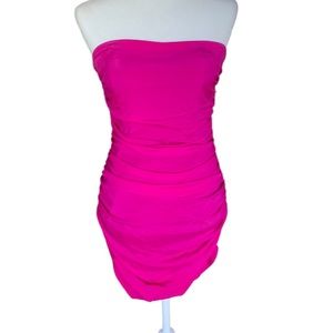 EUC JayGodfrey hot pink silk strapless dress with rushing down both sides. Sz 4.